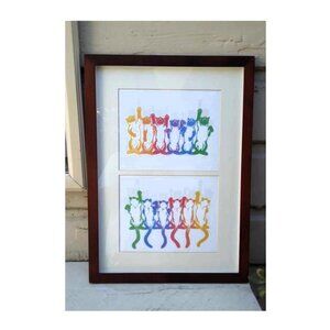 Rainbow Siamese Cats Dancing Front & Back Framed Original Art Print
